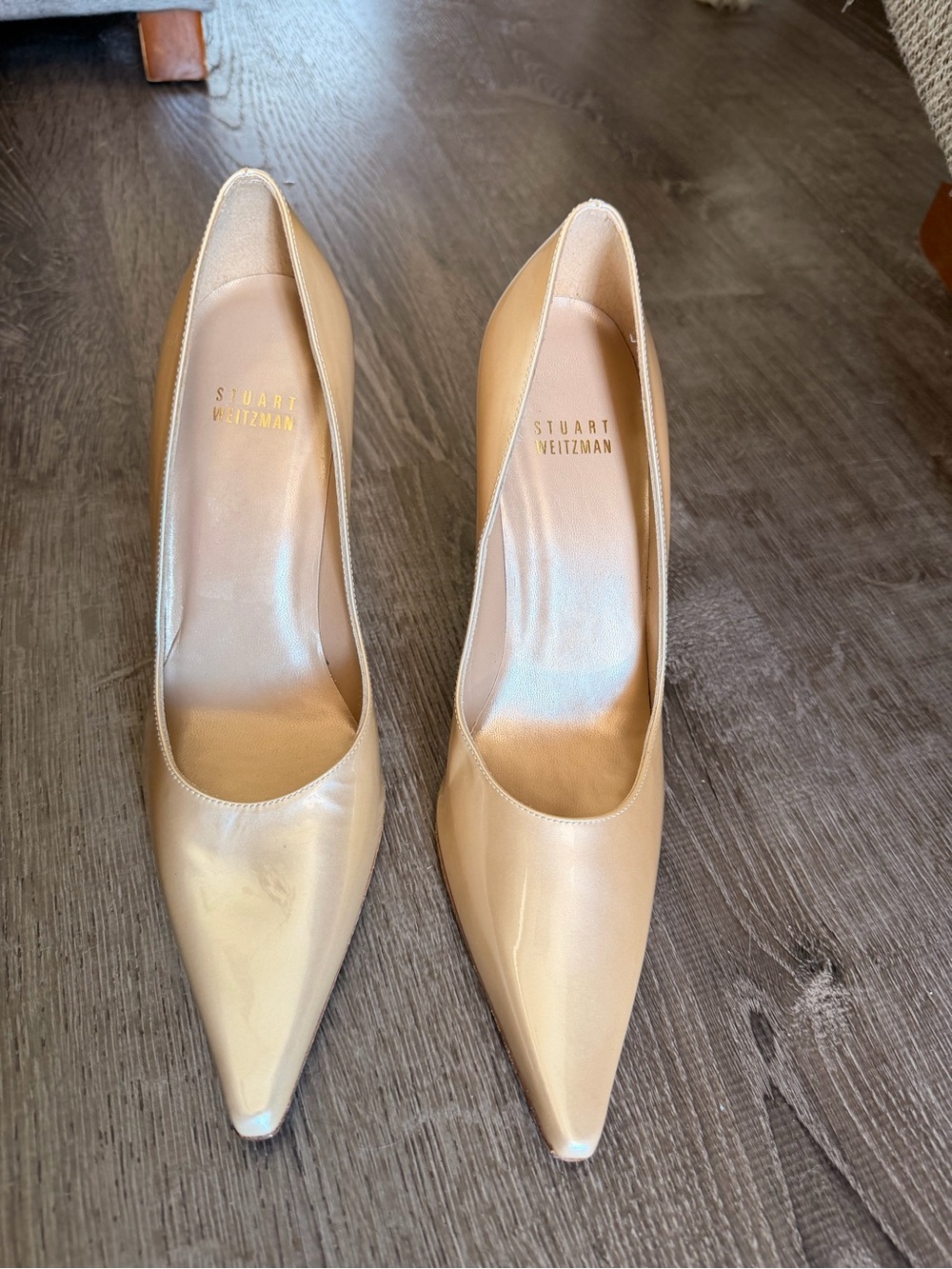 Stuart Weitzman Patent Pointed-Toe Pumps in Nude Beige